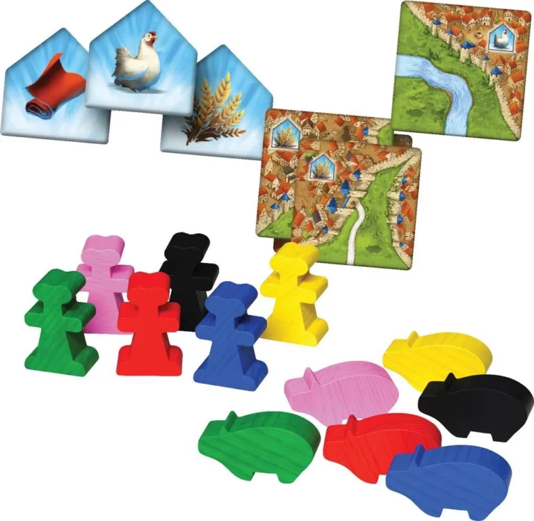 Jeu de société agricole avec pions colorés et plateaux de ferme