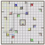 ricochet robots Carte de jeu avec grille, icônes colorées et trajets pointillés