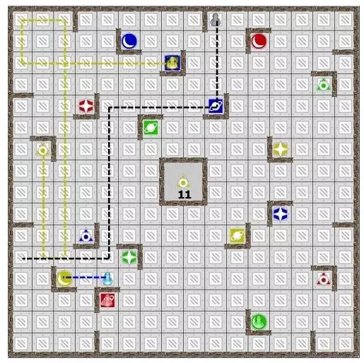 Carte de jeu avec grille, icônes colorées et trajets pointillés