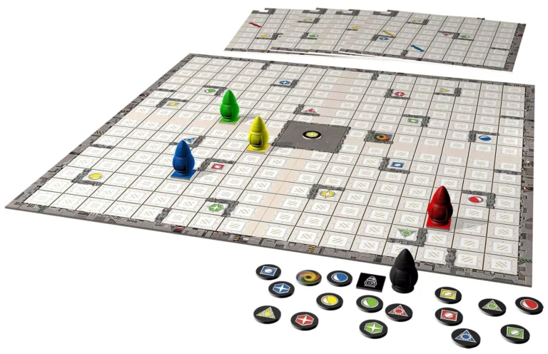 Jeu de plateau spatial avec fusées colorées et jetons
