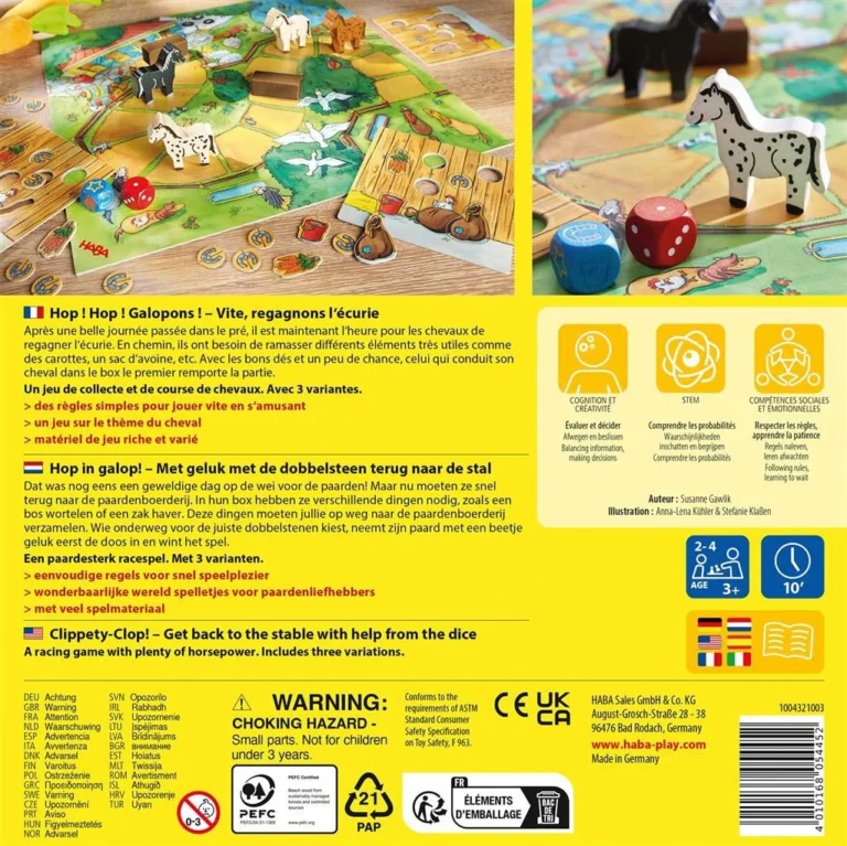 Jeu de société enfants chevaux dés figurines plateau coloré