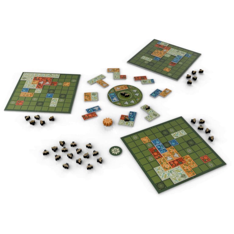 Jeu de plateau stratégique avec grilles, tuiles colorées et dés