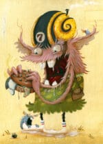 Créature fantastique avec escargot doré et barbichette rose