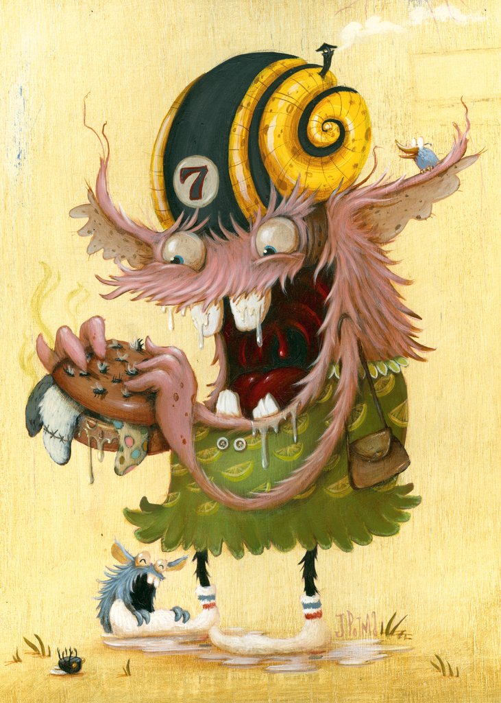 Créature fantastique avec escargot doré et barbichette rose