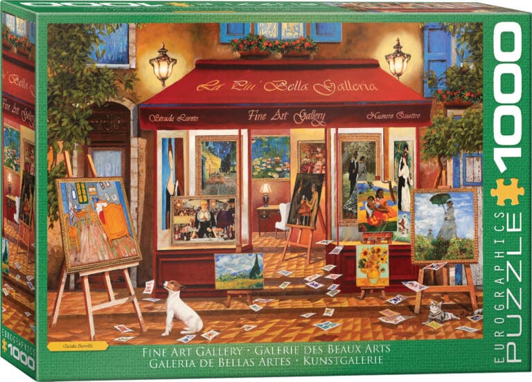 Galerie d'art fine avec vitrines, tableaux et animaux