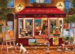 Galerie d'art fine avec devanture rouge, peintures impressionnistes