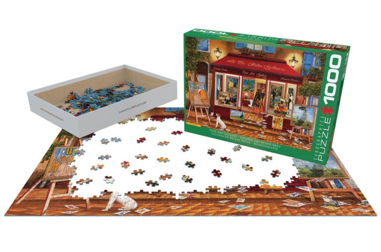 Puzzle 1000 pièces galerie d'art avec boîte et pièces éparpillées