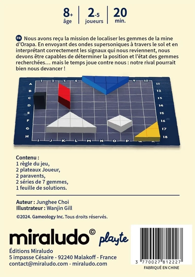 Dos de la boîte du jeu Orapa Mine, éditions Miraludo