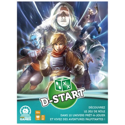 Illustration promotionnelle du jeu de rôle D-Start avec aventuriers fantastiques