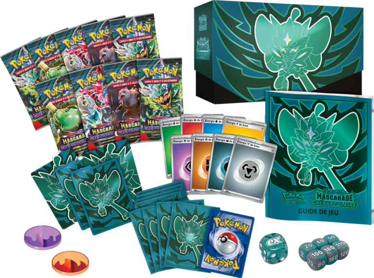 Coffret Pokémon Mascarade Crépusculaire avec cartes, dés et accessoires