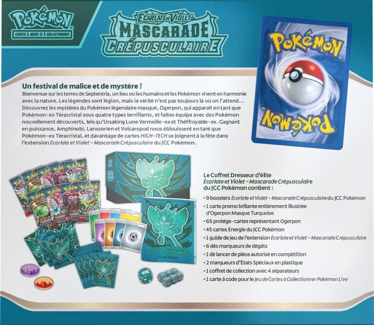 Contenu du coffret Pokémon Mascarade Crépusculaire avec cartes et accessoires