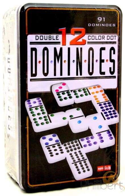 Boîte métallique de dominos double 12 à points colorés