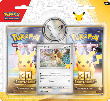 Coffret Pokémon 30e anniversaire avec deux boosters et carte Évoli