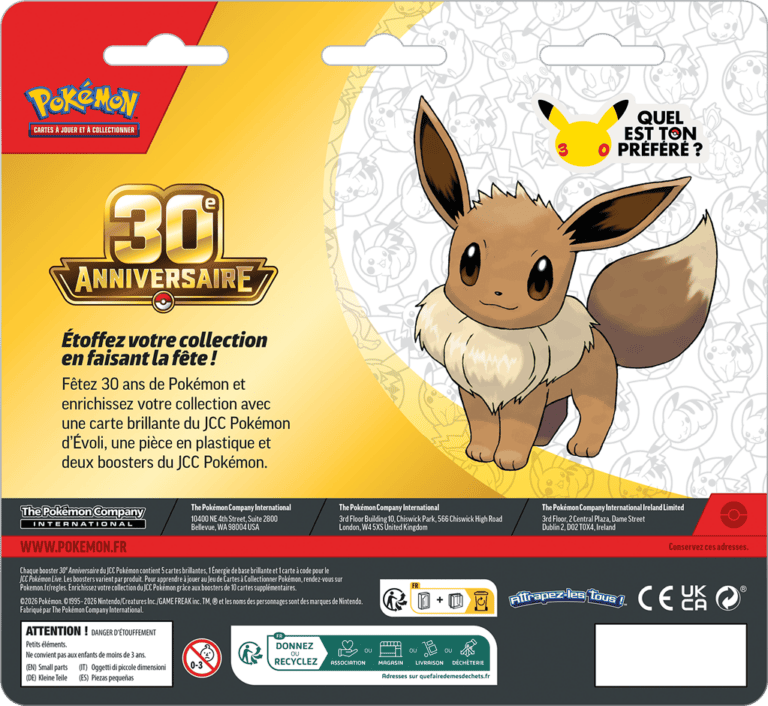 Dos de pack Pokémon 30e anniversaire avec illustration d’Évoli